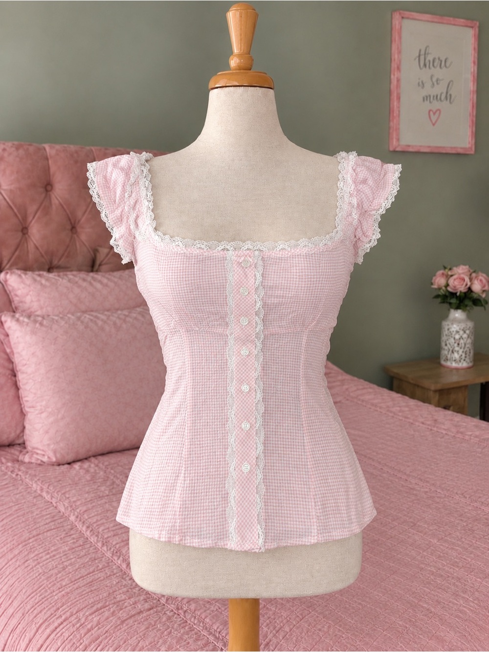 & Other Stories Pink Gingham Lace-Trim Square Neck Camisole